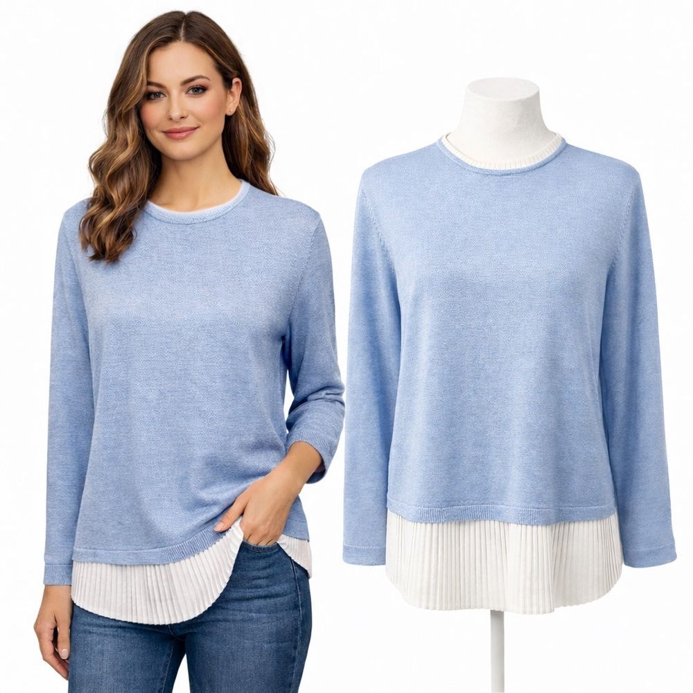 NWOT Adrianna Papell Layered Sweater Blouse Blue Pleated Hem Knit Top Size Large